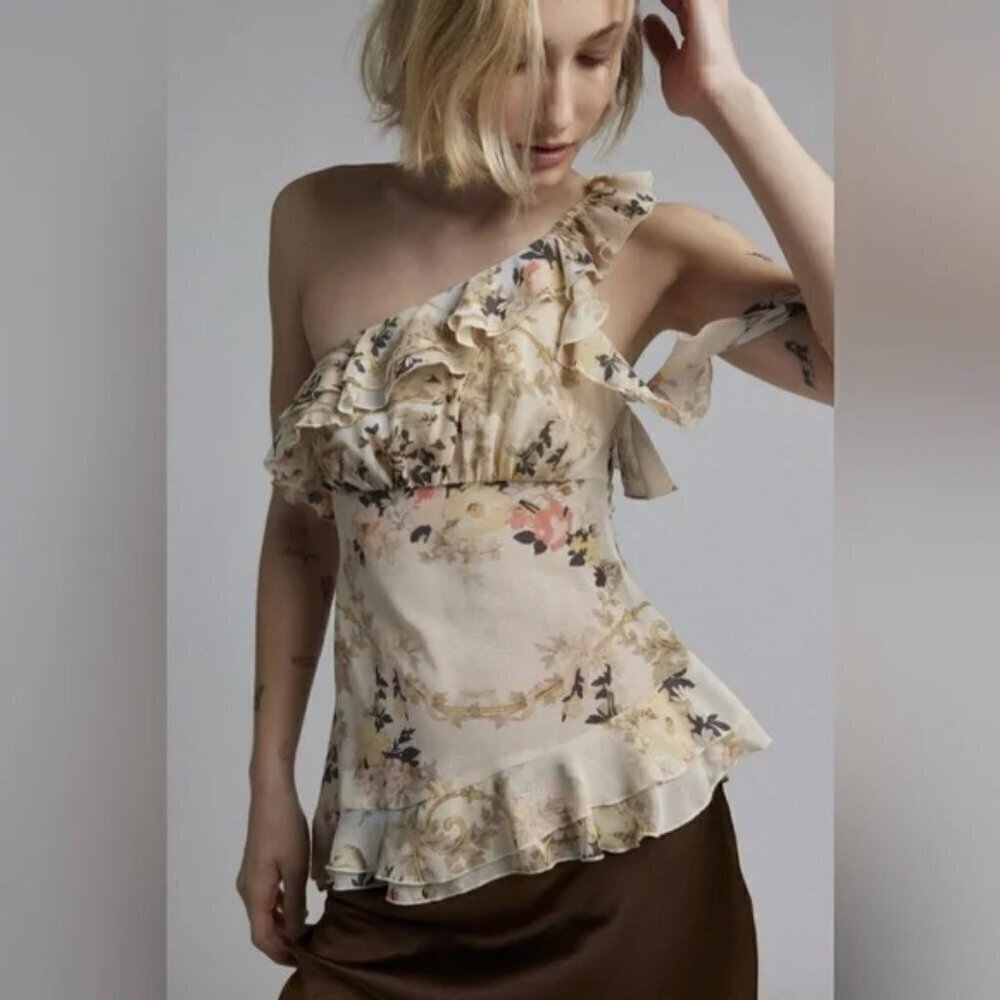 NWT UO Kimchi Blue Chloe Asymmetric Beige One Shoulder Blouse